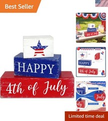 Vibrant Red, White & Blue July Retro Decorative Signs – 3 Count Tabletop Decor