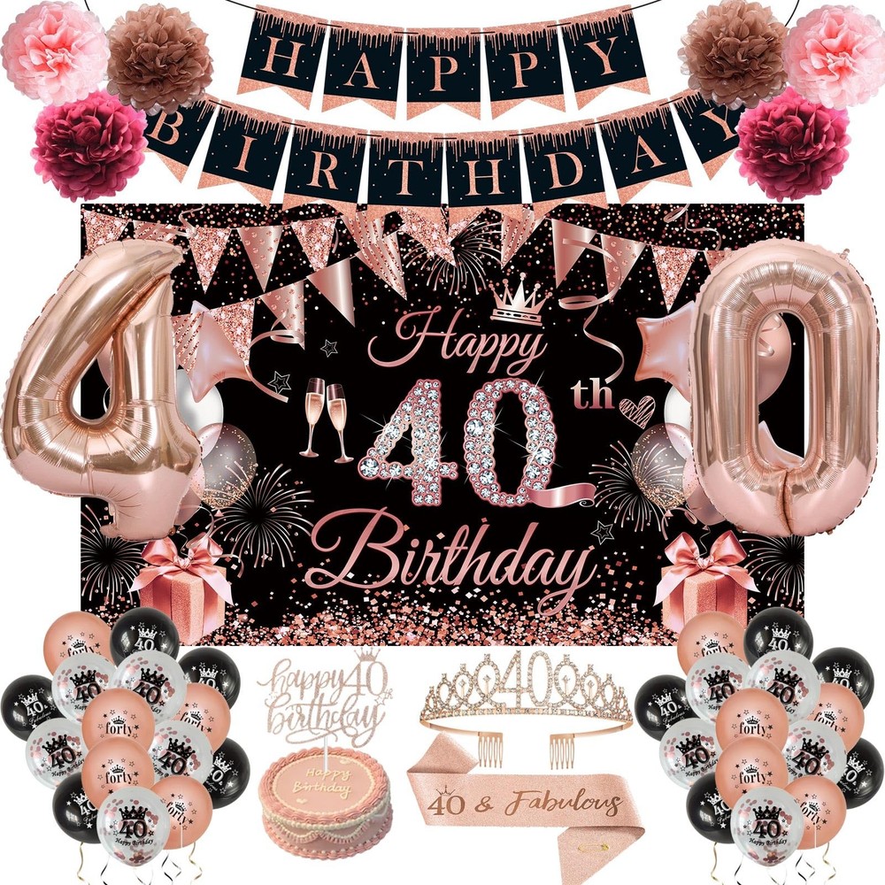 JKIYT 40th Birthday Decorations for Women, Black Rose Gold