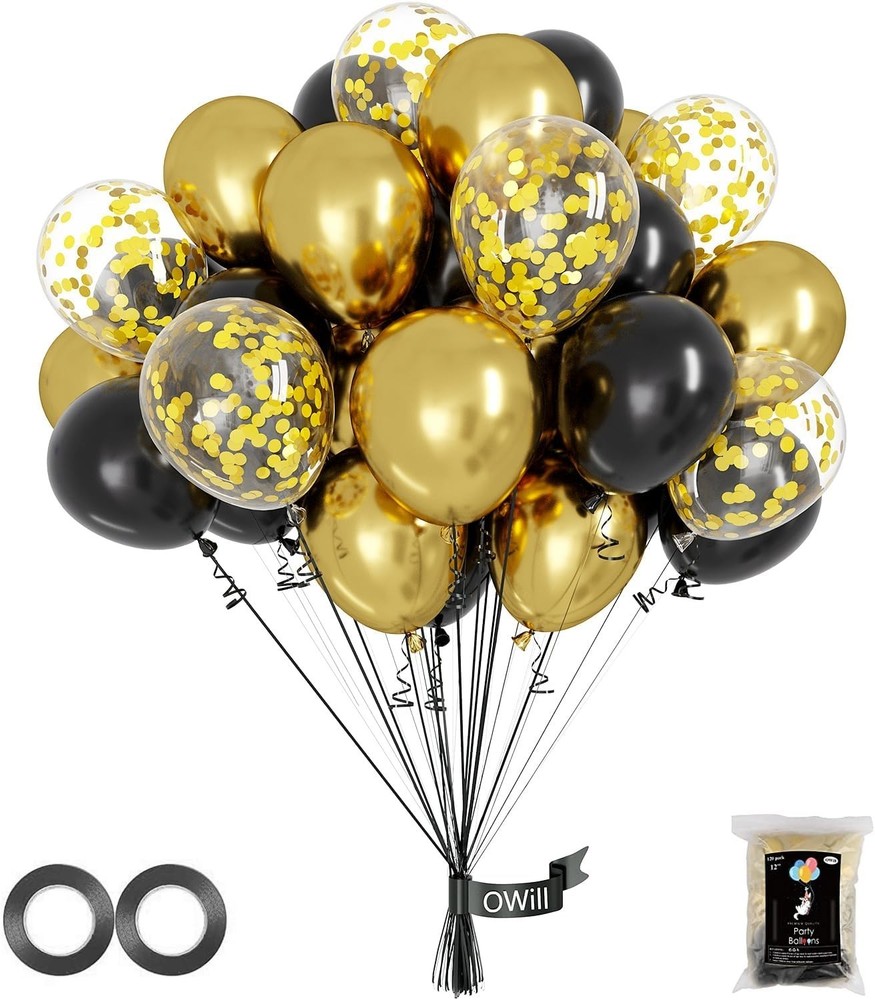 100Pcs 12 Inches Black and Gold Confetti Balloons Kit, Metallic Gold and Black W