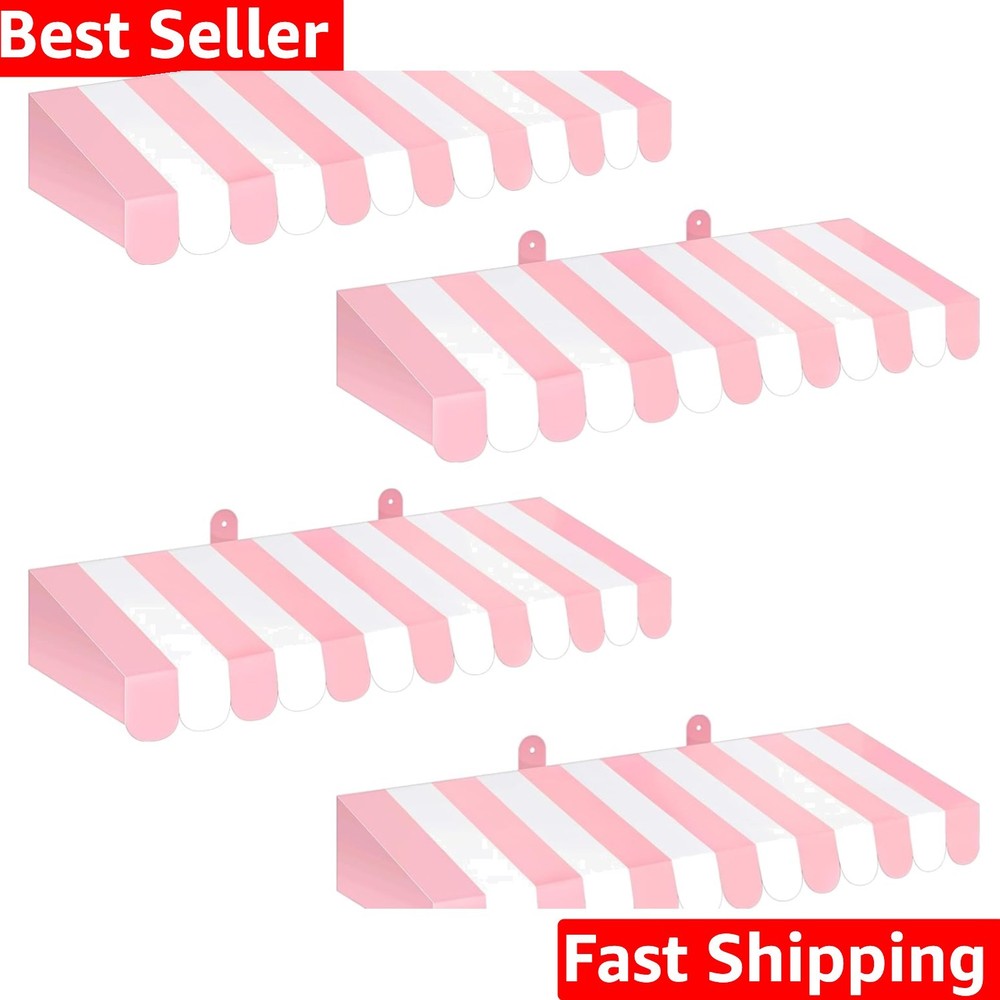 4 Pack Pink Circus Awning Decoration 3D Pink And White Stripe Cardboard Awnin…