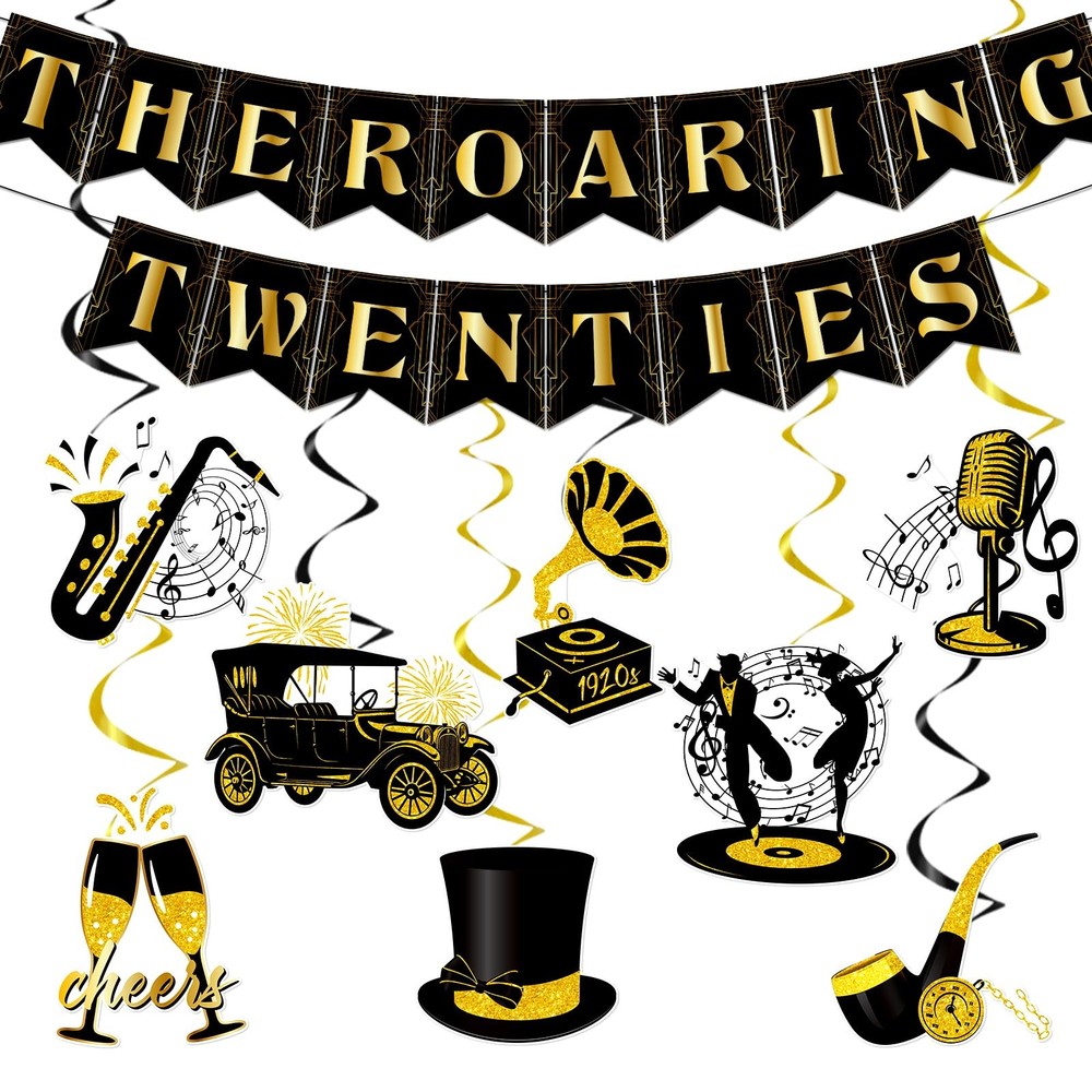 Hokinaa 20s Roaring Party Decorations – 10Pcs Pre-Strung Black and Gold
