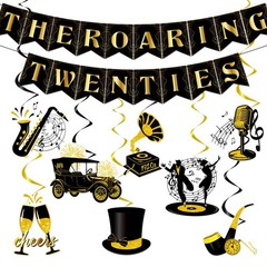 Hokinaa 20s Roaring Party Decorations – 10Pcs Pre-Strung Black and Gold