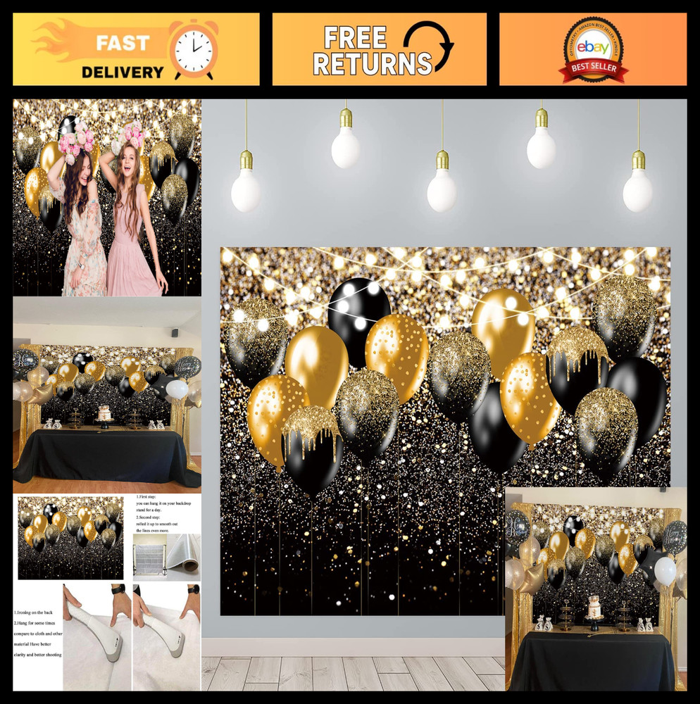 Black Gold Balloon Backdrop for Birthday, Wedding, Prom – 8x6FT Glitter Bokeh De