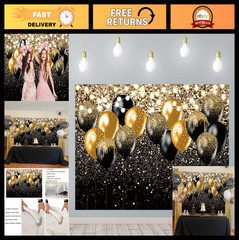 Black Gold Balloon Backdrop for Birthday, Wedding, Prom – 8x6FT Glitter Bokeh De