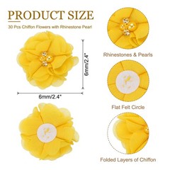 30Pcs 2″ Chiffon Flowers with Rhinestone Pearl Sewing Fabric Flowers, Yellow