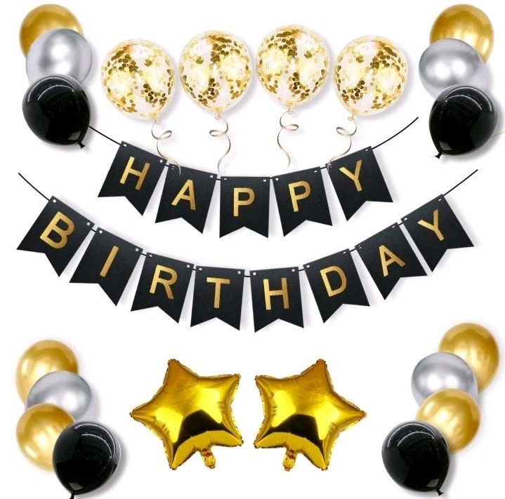Black & Gold Happy Birthday Banner Confetti Balloons Men Women All Ages
