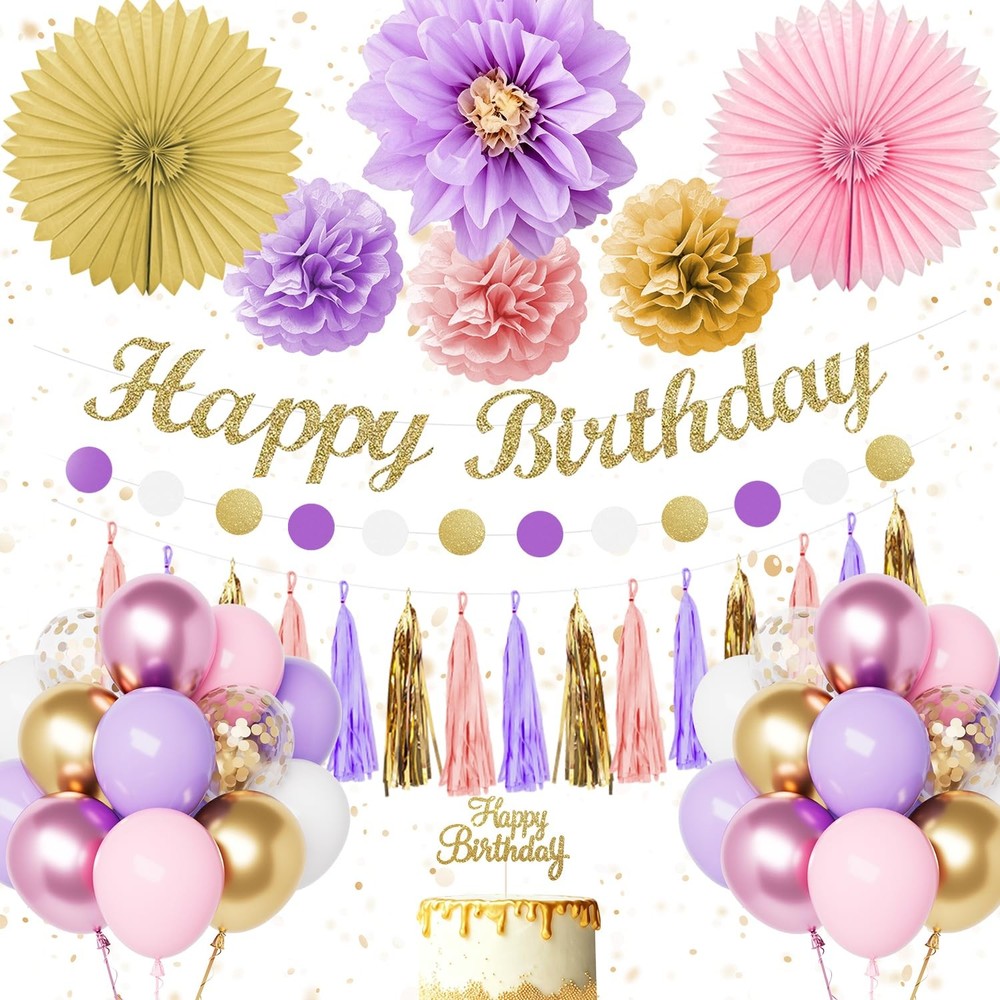 Pink and Purple Decorations for Girl, Purple Pink Gold Confetti Balloons Happ…