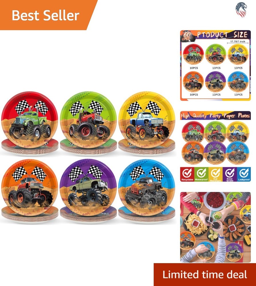 Monster Truck Party Plates 7 Inch Pack of 60 for Truck Birthday Celebrations