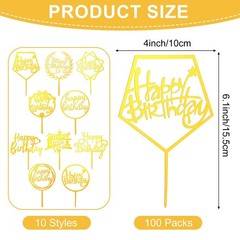 100 Pcs Gold Happy Birthday Cake Toppers Acrylic Glitter Party Decoration