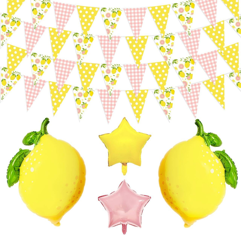 Pink and Yellow Lemon Triangle Banner Balloons Lemonade Bar Stand Supplies Amalf