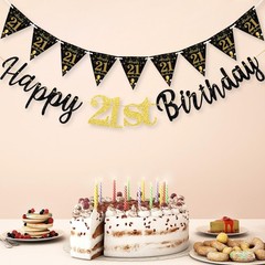 21st Birthday Decorations Banner Women Men Boys Girls, Black Gold Happy 21stBirt