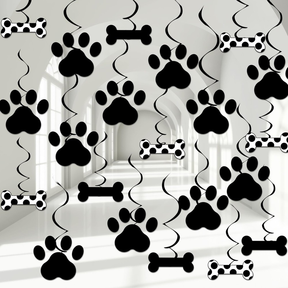 Puppy Party Decor, Hanging Swirl Streamers, Dog Themed Banner, Black