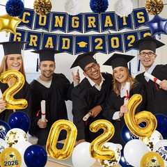 Navy Blue & Gold Graduation Decorations 2026 – Congrats Grad Backdrop, Banner, B
