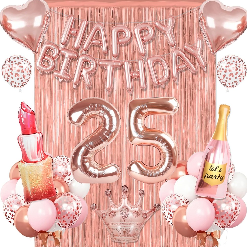 Rose Gold Decorations, Rose Gold 25 Balloon Numbers, Rose Gold Happy Balloons…