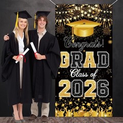 Class of 2026 Graduation Party Decorations Black Gold Congrats Banner Door Co…
