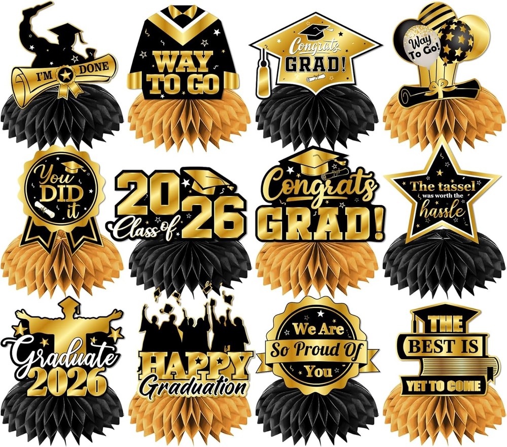 Black and Gold Graduation Table Decorations,12pcs Black and Gold Graduation Deco
