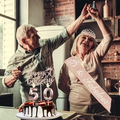 Elegant 50th Birthday Sash, Crown & Glittery Cake Topper Gift Set in Rose Gold