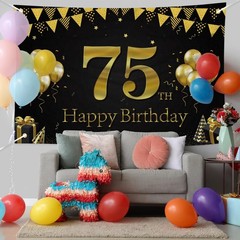 Happy 75th Birthday Banner, Black Gold 75th Birthday Party Decorations for Me…
