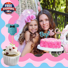 16 Pack Boy or Girl Theme Cupcake Toppers for Gender Reveal, Baby Shower, Birthd