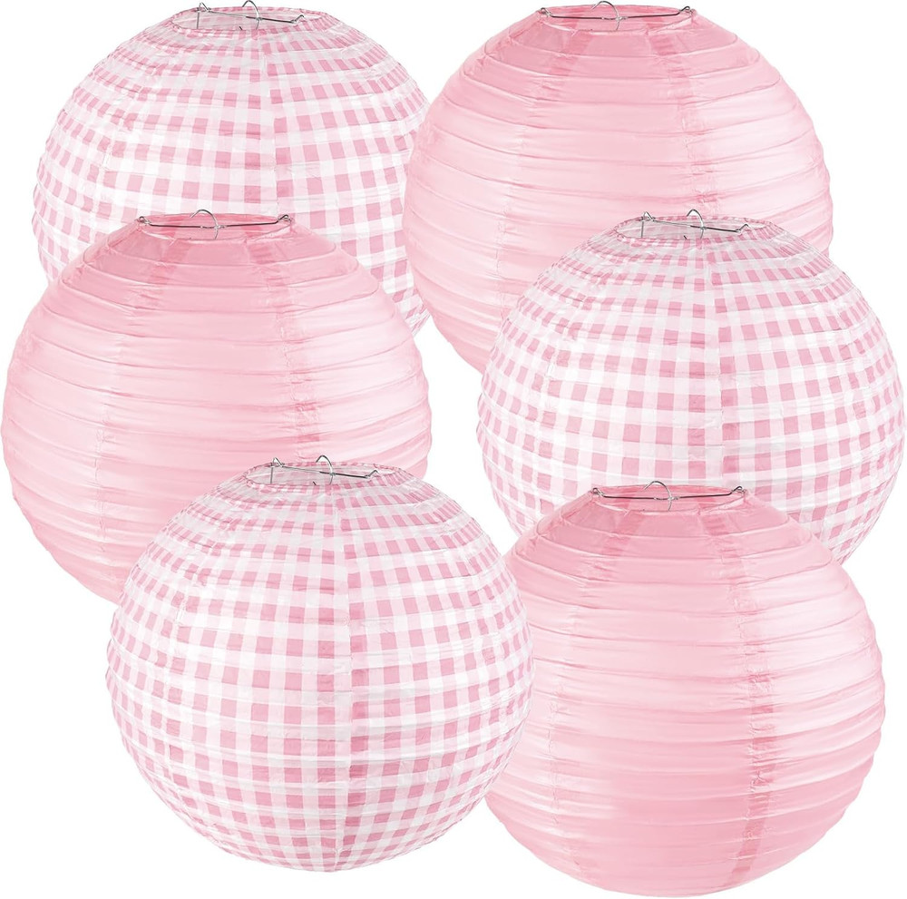 6PCS Pink Gingham Party Decoration Pink Paper Lanterns Pink and White Checkered