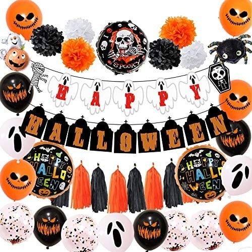 HALLOWEEN PARTY SUPPLY SET, BANNER, BALLOONS INC FOIL, PAPER FRILLS & POMPOMS