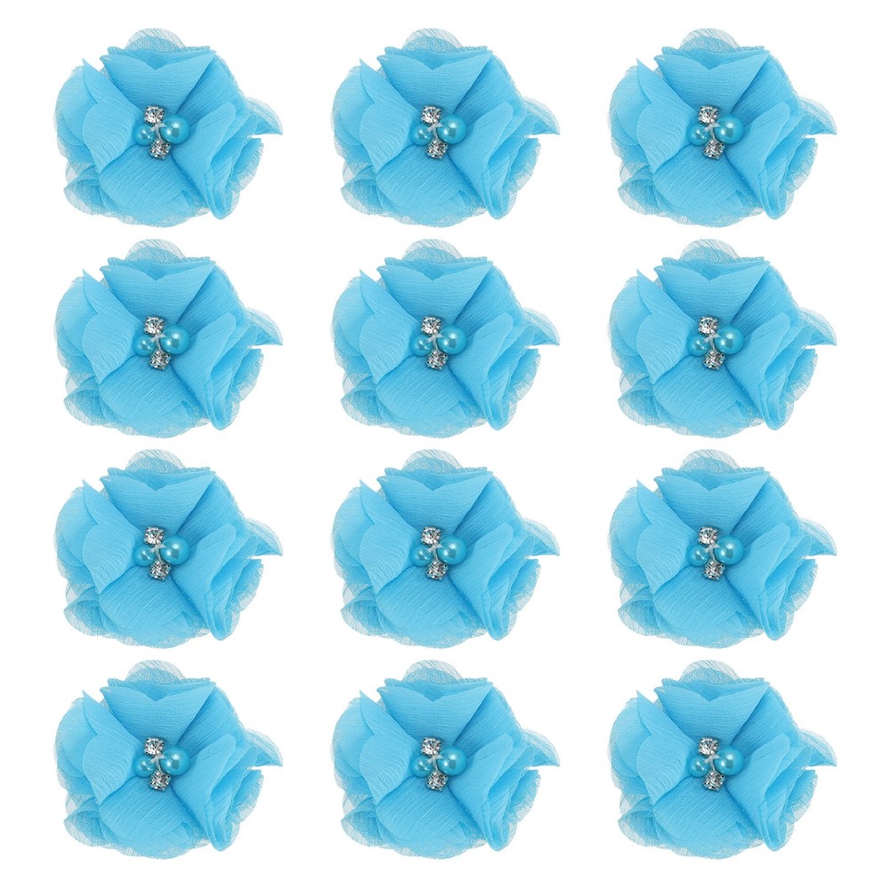 12Pcs 2″ Chiffon Flowers with Rhinestone Pearl Sewing Fabric Flowers, Lake Blue