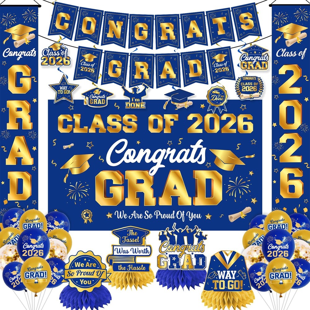 Graduation Decorations 2026 Blue and Gold Graduation Party Decor Set include