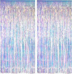 Iridescent Party Streamers Backdrop – Neon Transparent Holographic Tinsel Foil