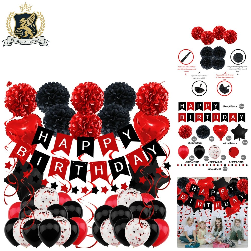Black & Red Birthday Decorations Set – Banner, Balloons & Pompoms for All Ages
