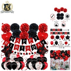 Black & Red Birthday Decorations Set – Banner, Balloons & Pompoms for All Ages