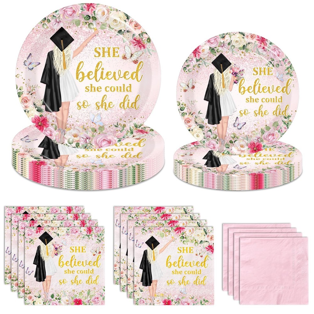 Juweked Pink Graduation Paper Plates and Napkins, She Believed She Could So S…