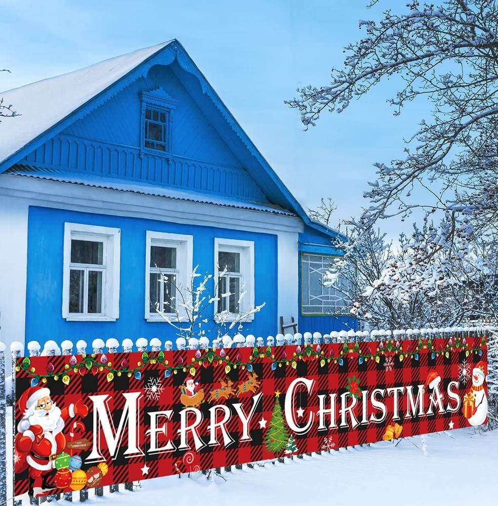 Large Merry Christmas Banner Outdoor Xmas 120 inches by 20 inches, Multicolor