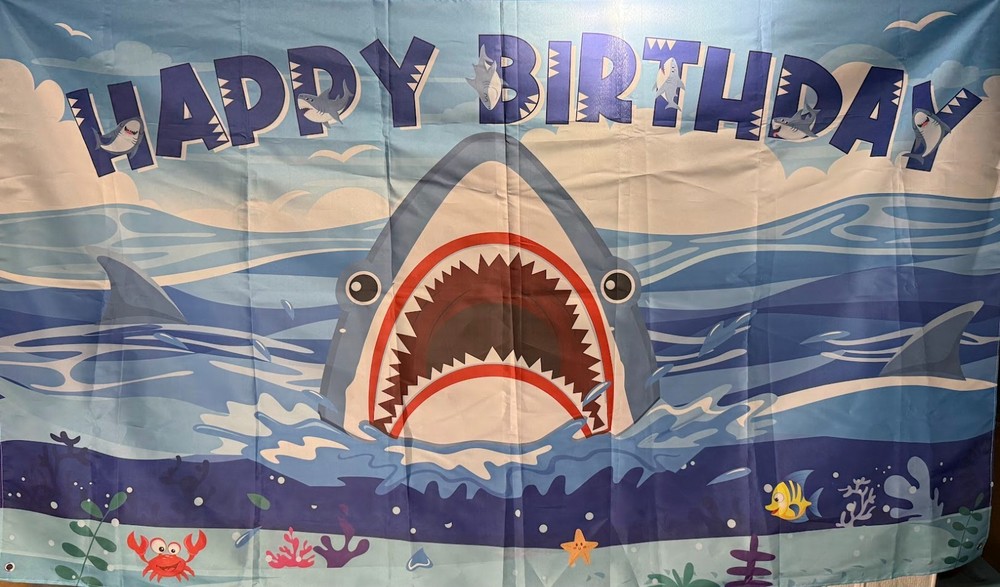 Shark Happy Birthday Banner 72.8″ L x 43.3″ H – Polyester Fabric