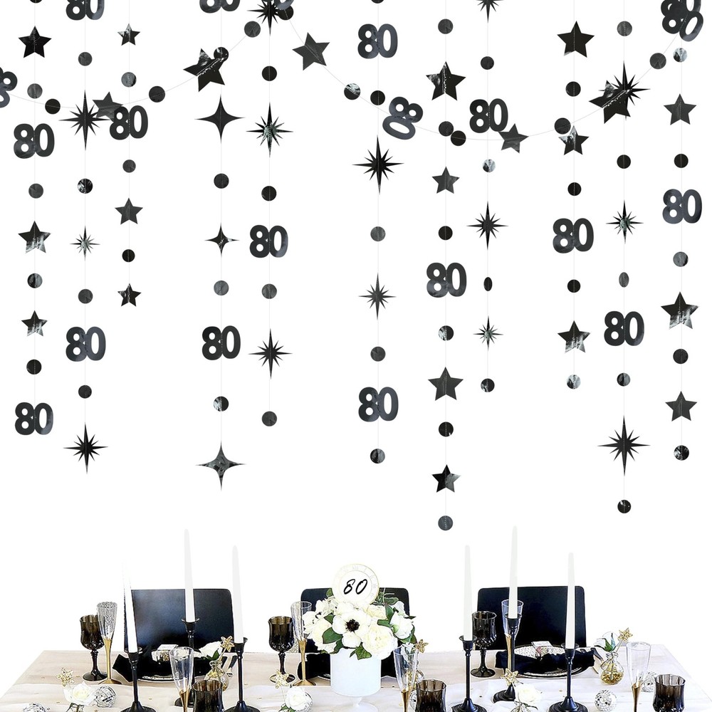 Black 80th Birthday Decorations Number 80 Circle Dot Twinkle Star Garland Met…