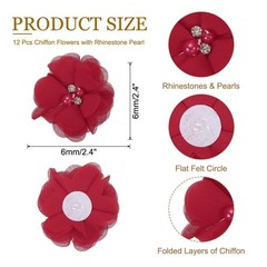 12Pcs 2″ Chiffon Flowers with Rhinestone Pearl Sewing Fabric Flowers, Red