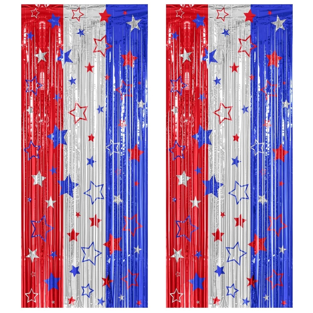 Vibrant Red, Silver & Blue Foil Streamer Backdrop – Perfect for Independence Day