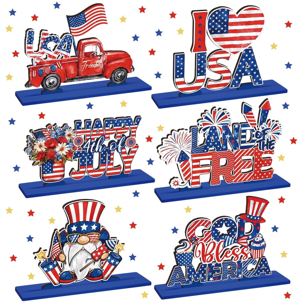 6 Pcs 4th of July Table Decorations, Memorial Day Patriotic Wooden Table Centerp
