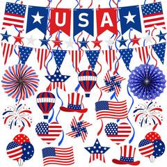 37Pcs 4Th of July Decorations Patriotic Decorations USA Banner Red White Blue Pa