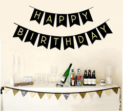 Black Happy Birthday Bunting Banner with Shiny Gold Letters Pre-Strung No DIY fo