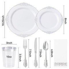 350pcs Silver Plastic Plates, Elegant Disposable Dinnerware Set, 125 Pieces, …