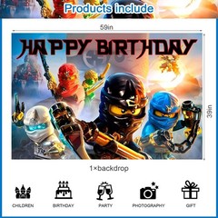 NInja Hero Birthday Decorations,59×35.4 in Cartoon Ninja Happy Birthday Backd…