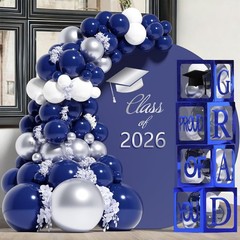Elegant Navy Blue Graduation Decorations 2026 with Balloon Arch & GRAD Box