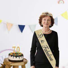 70th Birthday Tiara, Sash & Gold Number Candles for Women – Celebrate in Style