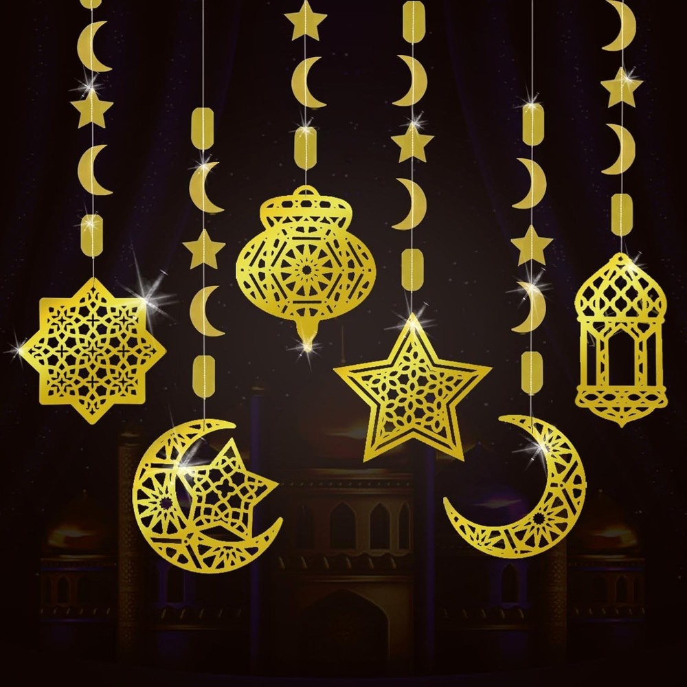 Ramadan Eid Mubarak Hanging Decorations for Home, 6 Pcs Pre-Tied Hanging Golden