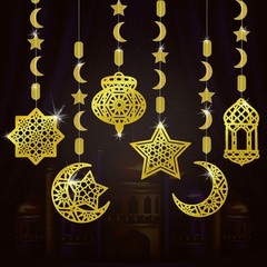 Ramadan Eid Mubarak Hanging Decorations for Home, 6 Pcs Pre-Tied Hanging Golden