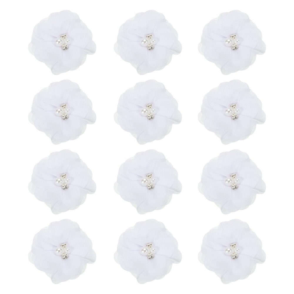 12Pcs 2″ Chiffon Flowers with Rhinestone Pearl Sewing Fabric Flowers, White