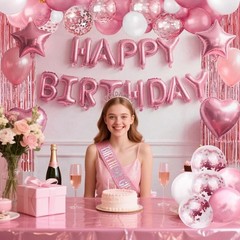Rose Gold Pink Birthday Party Decor Set Banner Foil Balloons Curtain Tablecloth