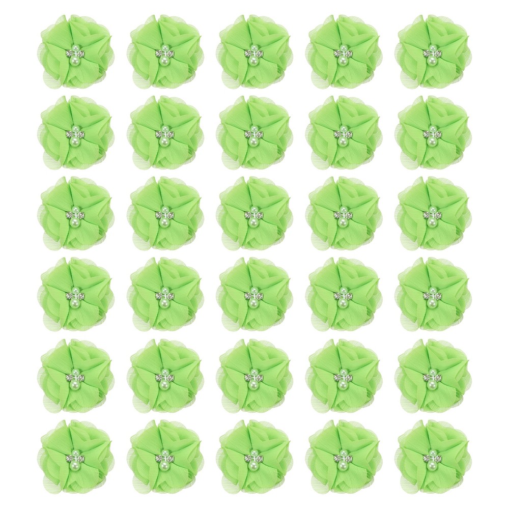 30Pcs 2″ Chiffon Flowers with Rhinestone Pearl Sewing Fabric Flowers,Light Green