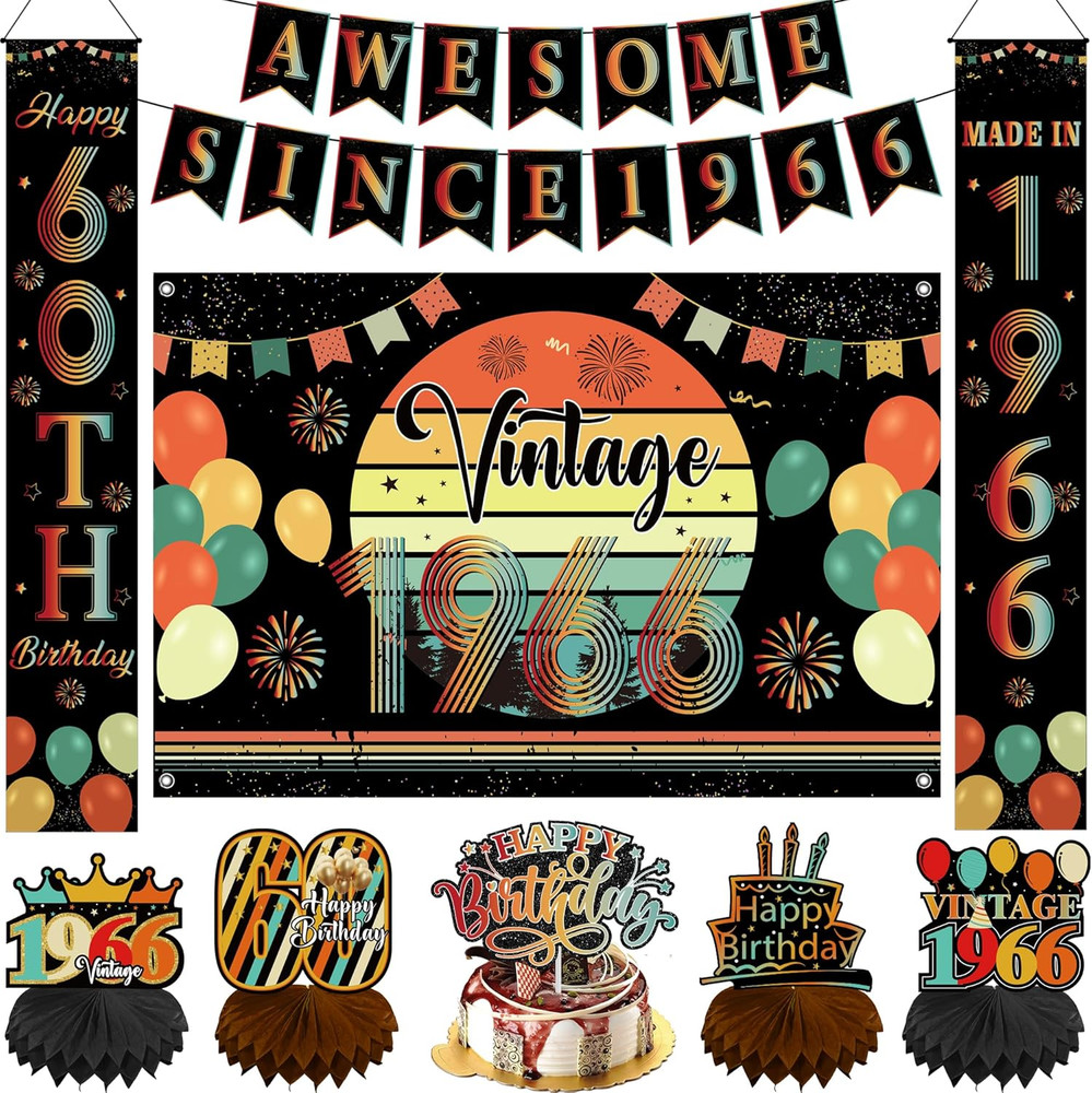 60Th Birthday Decorations Men Women – 10 Pcs Vintage Back in 1966 Backdrop Banne