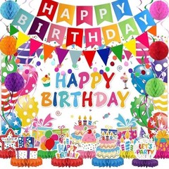 Colorful Birthday Decorations Kit – Party Banner, Honeycomb Balls, Swirls & Garl